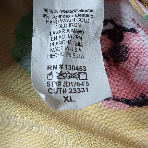 Janette Plus USA XL Dress Yellow Pink Floral Stretch Faux Wrap Midi Ruffle - Picture 8 of 8
